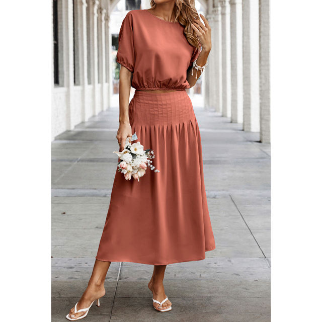 Rust Red Pleated Crop Top with Skirt Set TQX711094-33