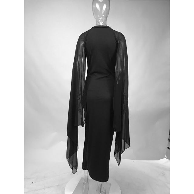 Black Crepe Flared Sleeve Bodycon Maxi Dress LCSN070-2