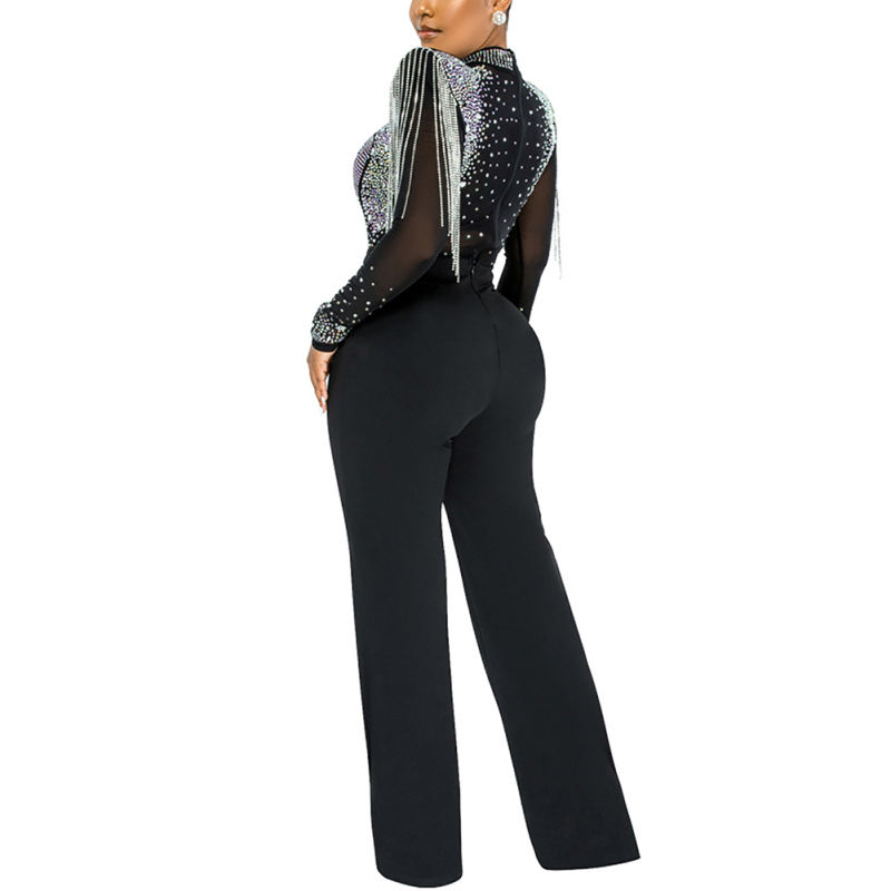 Black Rhinestone Mock Neck Tassel Jumpsuit TQK550272-2