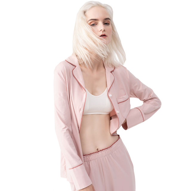 Pink Button Shirt with High Waist Pant Pajamas Set TQE90120-10