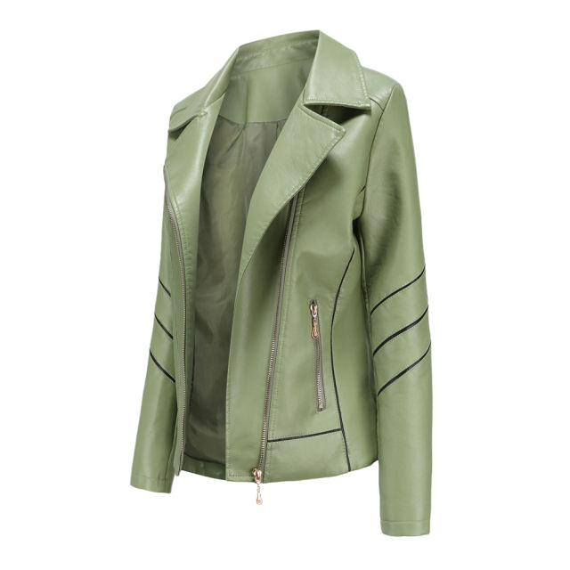 Light Green Turn Down Slim Fit PU Leather Jacket TQK280095-28