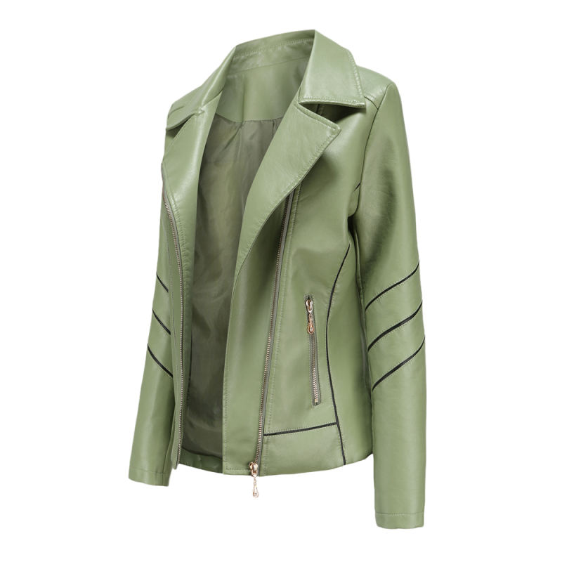 Light Green Turn Down Slim Fit PU Leather Jacket TQK280095-28
