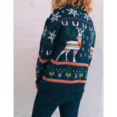 Navy Blue Christma Tree Deer Snowflake Print Knit Pullover TQK271415-34