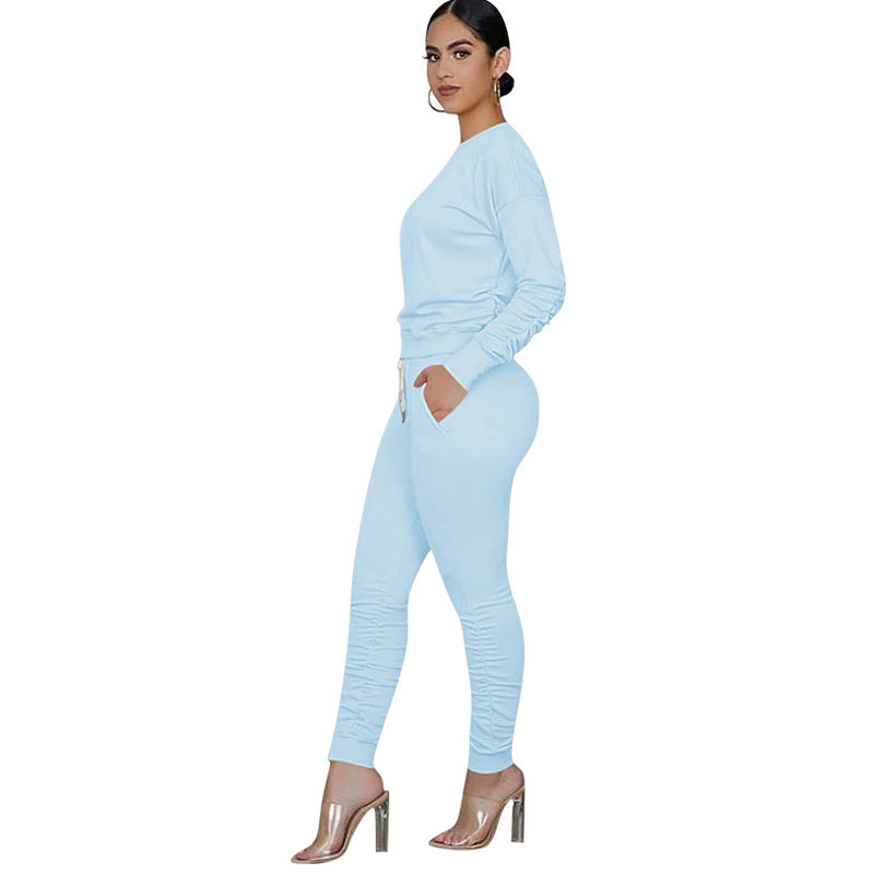 Light Blue Cotton Blend Sweatshirt Joggers Loungewear Set TQK710133-30