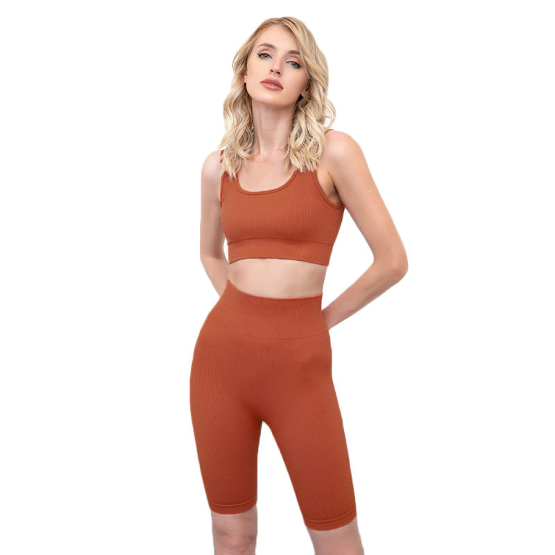 Coffee Seamless Knit Yoga Bra with Shorts Set TQK710237-15
