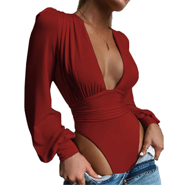 Wine Red Deep V Neck Pleated Long Sleeve Bodysuit TQK550214-103