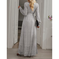 Silver Sequin V Neck High Split Maxi Dress TQK311352-13