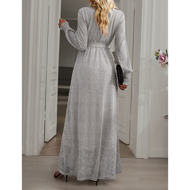 Silver Sequin V Neck High Split Maxi Dress TQK311352-13