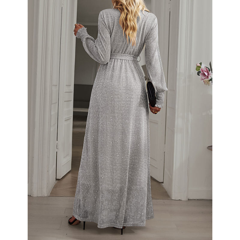 Silver Sequin V Neck High Split Maxi Dress TQK311352-13