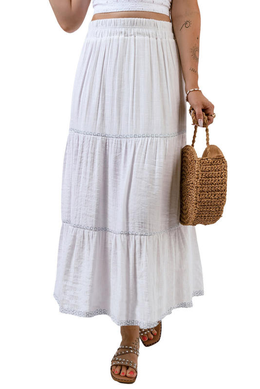 White Tiered Lace Crochet High Waist Maxi Skirt LC721289-1