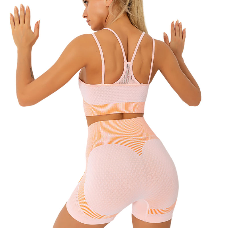 Orange Splice Pink Sports Bra With Shorts Set TQK710234-10