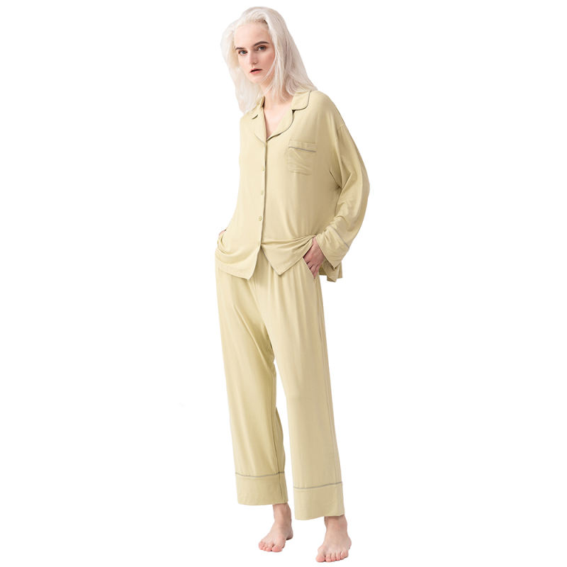 Olive Green Cotton Long Sleeve Shirt Pajamas Set TQE90121-52