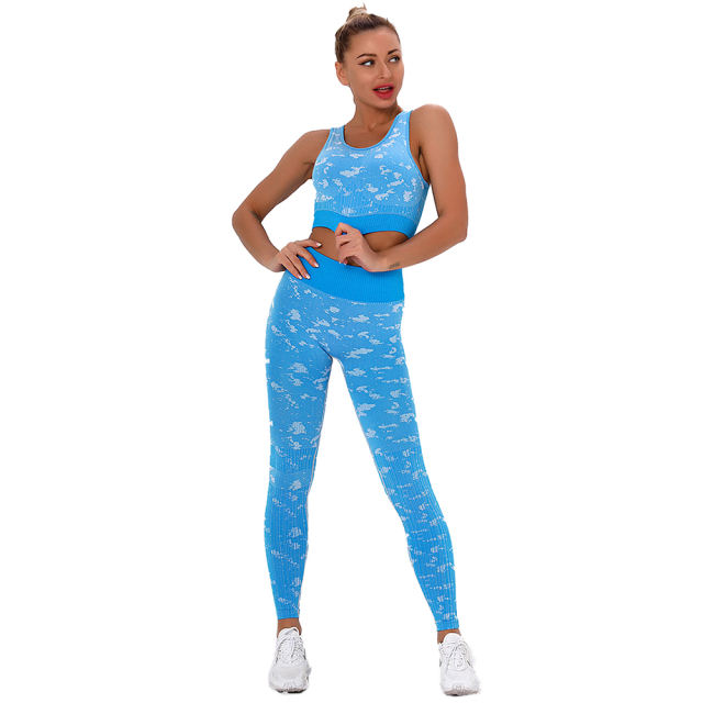 Blue Camo Print Sports Bra with High Waist Pant Set TQE00132-5