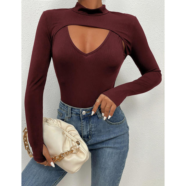 Burgundy Mock Neck Cut-out Ribbed Long Sleeve Bodysuit TQV220133-23
