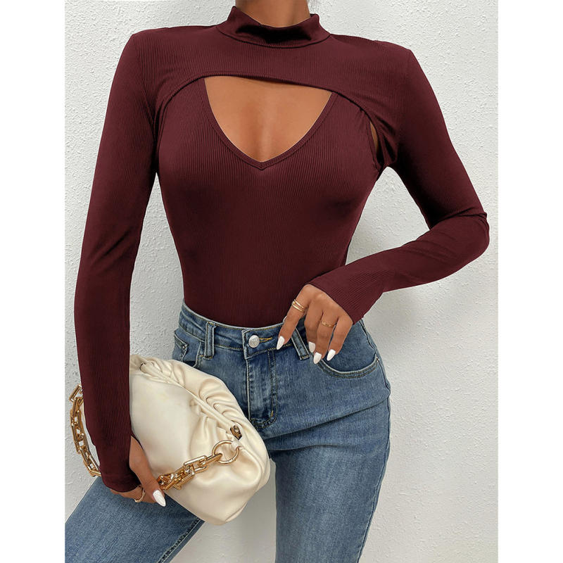 Burgundy Mock Neck Cut-out Ribbed Long Sleeve Bodysuit TQV220133-23