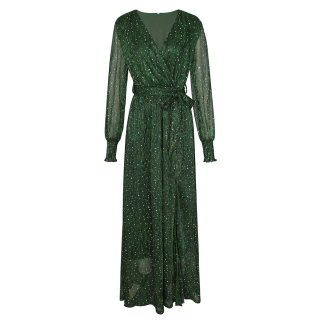 Green Sequin V Neck High Split Maxi Dress TQK311352-9