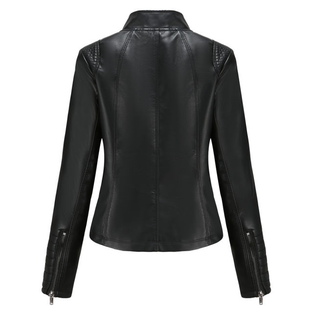Black Zipper Pockets Long Sleeve PU Leather Jacket TQK280093-2