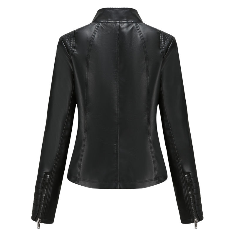 Black Zipper Pockets Long Sleeve PU Leather Jacket TQK280093-2