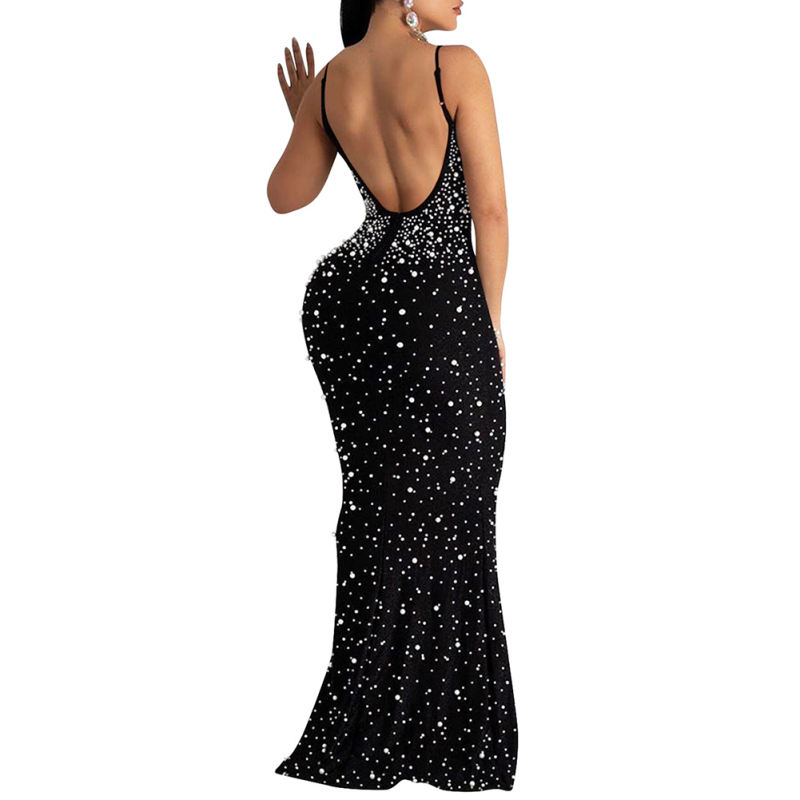 Black Rhinestone Open Back Mermaid Maxi Dress TQK311126-2