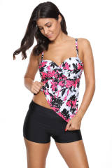 Rose Red Floral Print Swimdress Tankini and Shorts