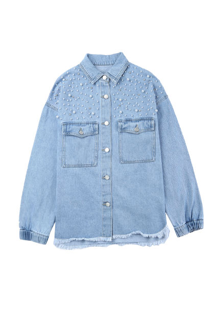 Sky Blue Rhinestone Pearls Denim Shacket LC788118-4
