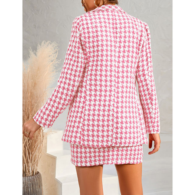 Pink Plaid Print Blazer and Button Split Skirt Set TQF711046-10