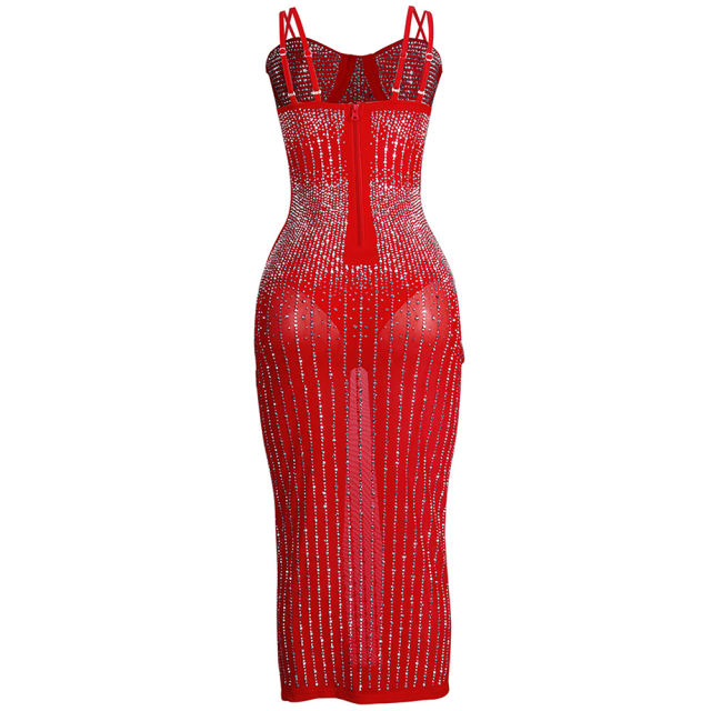 Red Mesh Rhinestone Plus Size Sling Dress TQK310775-3