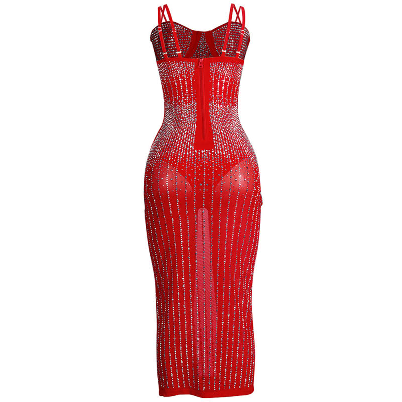 Red Mesh Rhinestone Plus Size Sling Dress TQK310775-3