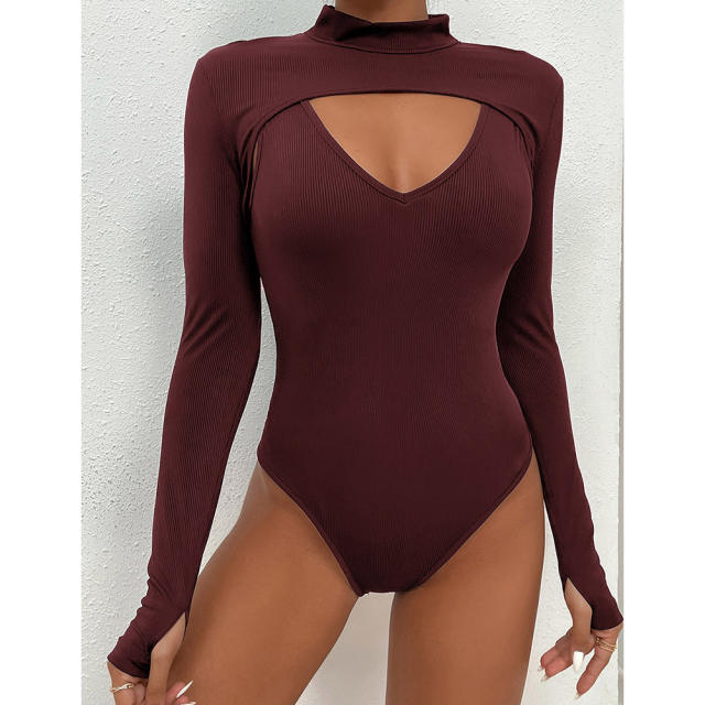 Burgundy Mock Neck Cut-out Ribbed Long Sleeve Bodysuit TQV220133-23