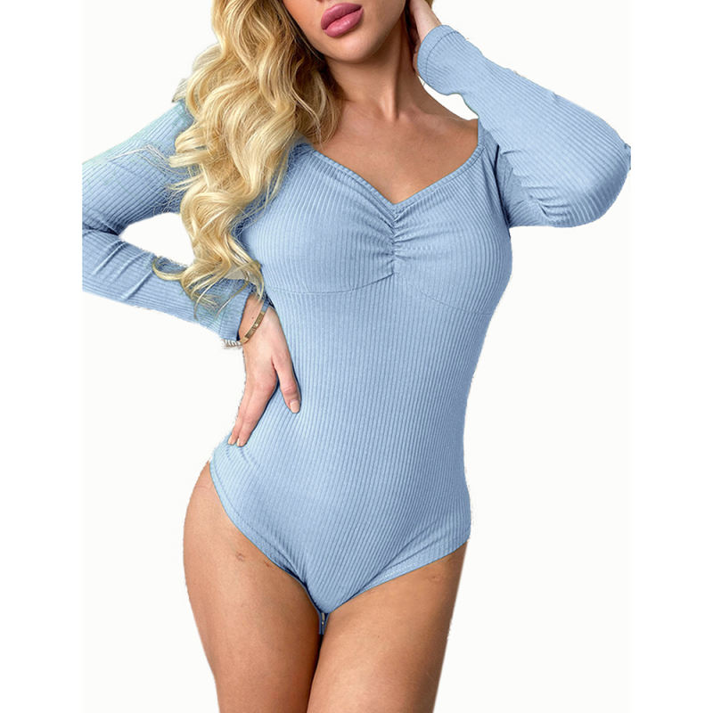 Light Blue Pleated V Neck Long Sleeve Bodysuit TQK550215-30