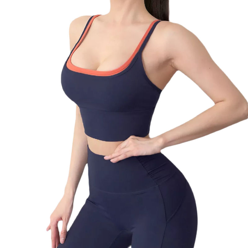 Dark Blue Fake Two-pieces Bra with Pant Yoga Set TQE91350-77