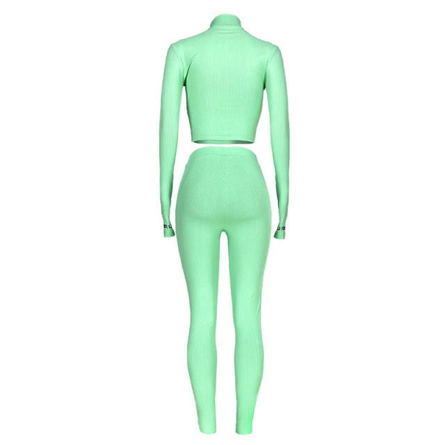 Light Green Cotton Blend Zipper Datail Long Sleeve Top with Pant Set TQK710132-28