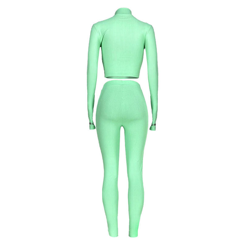 Light Green Cotton Blend Zipper Datail Long Sleeve Top with Pant Set TQK710132-28