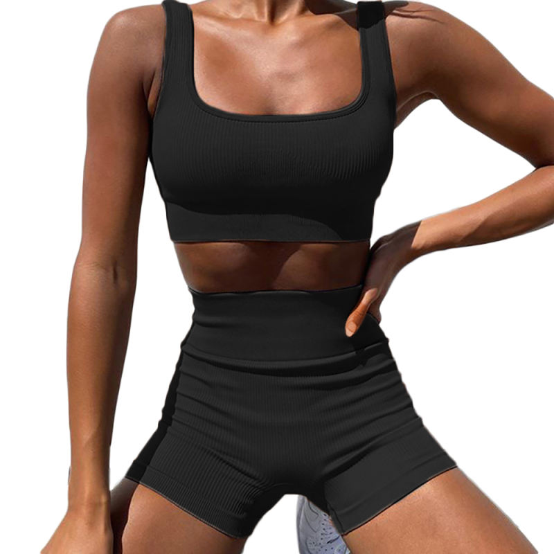 Black Seamless Knit Yoga Bra with Shorts Set TQK710237-2