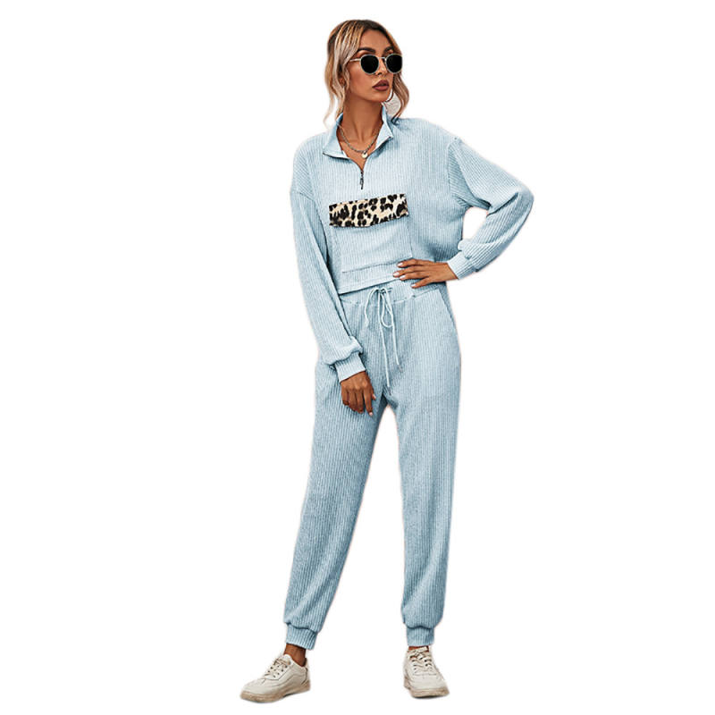Light Blue Zipper Up Leopard Detail Sweatshirt with Pant Set TQK710222-30