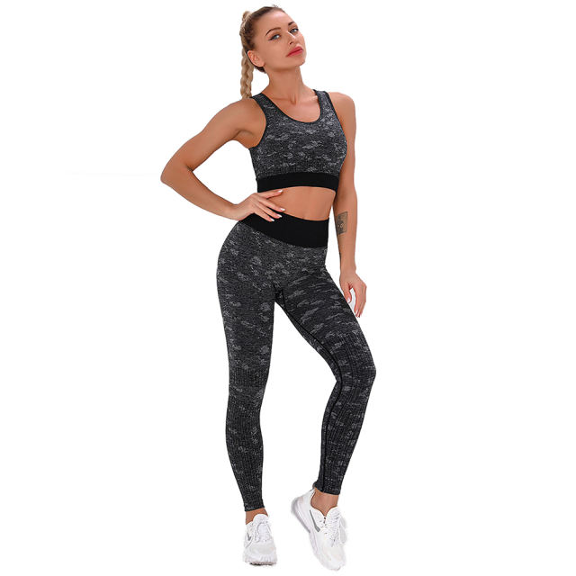 Black Camo Print Sports Bra with High Waist Pant Set TQE00132-2