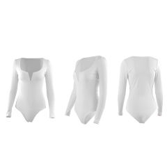 White Deep V Long Sleeve Bodysuit TQK550156-1