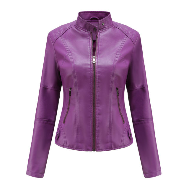 Purple Slim Fit Stand Collar PU Motorcycle Jacket TQK280091-8