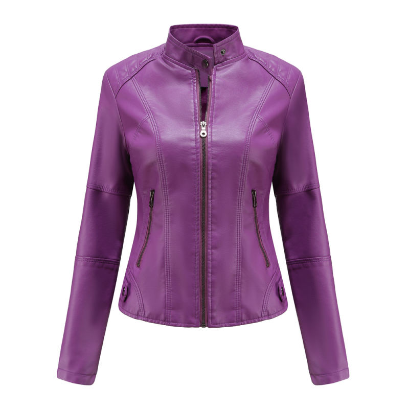 Purple Slim Fit Stand Collar PU Motorcycle Jacket TQK280091-8