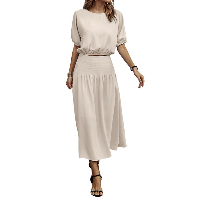 Apricot Pleated Crop Top with Skirt Set TQX711094-18