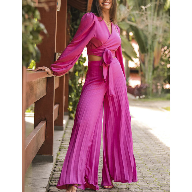 Rosy Long Sleeve Crop Shirt and Casual Pant Set TQF711037-6