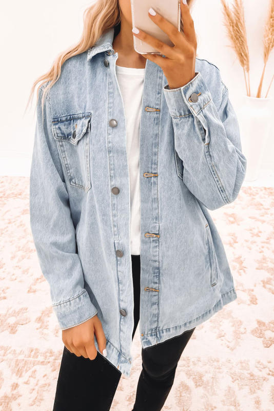 Sky Blue Acid Wash Flap Pocket Boyfriend Shacket  LC788148-4
