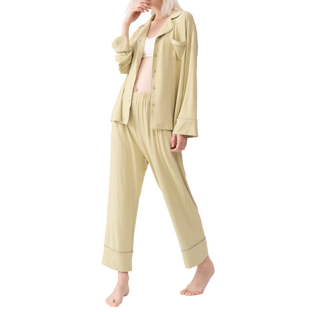 Olive Green Cotton Long Sleeve Shirt Pajamas Set TQE90121-52
