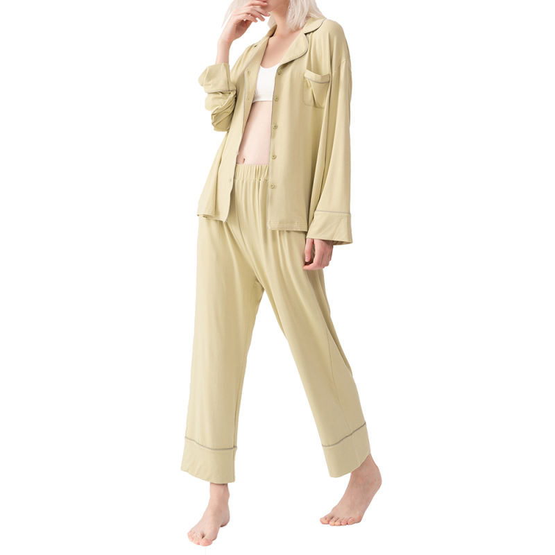 Olive Green Cotton Long Sleeve Shirt Pajamas Set TQE90121-52