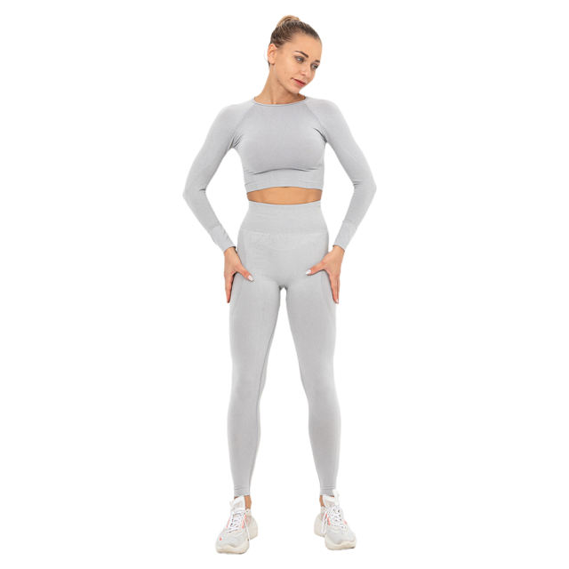 Light Grey Seamless Long Sleeve Yoga Sports Set TQE00135-112