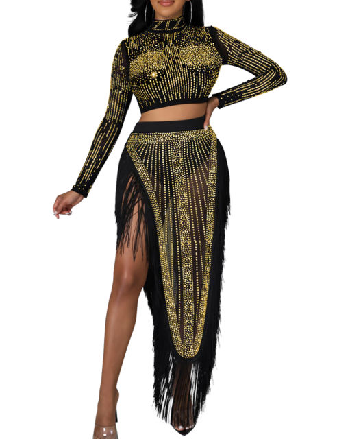 Gold Rhinestone Long Sleeve Crop Tops and Tassels Skirt Set TQV810016-12