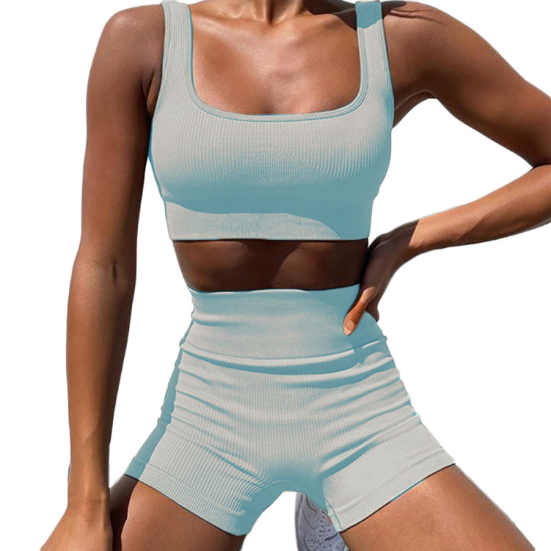 Pewter Seamless Knit Yoga Bra with Shorts Set TQK710237-43