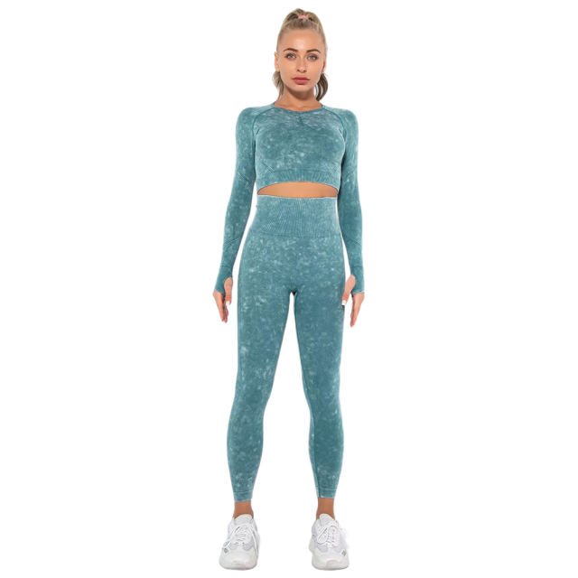 Dark Green Nylon Seamless Long Sleeve Pant Yoga Set TQE91361-36
