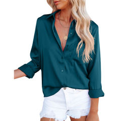 Peacock Blue V Neck Satin Pocketed  Long Sleeve Shirt TQX221065-68