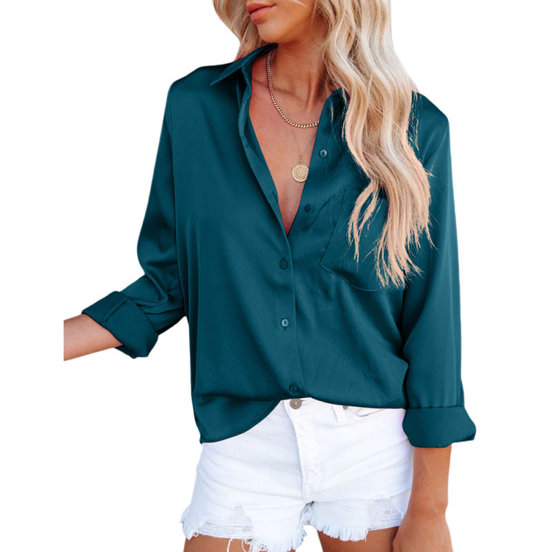 Peacock Blue V Neck Satin Pocketed  Long Sleeve Shirt TQX221065-68